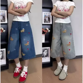 Swan shop (ไชด์S-4XL)กางเกงยีนส์ขาห้าส่วนทรงหลวม ลายการ์ตูนน้องหมา แต่งปักน่ารัก ใส่สบาย