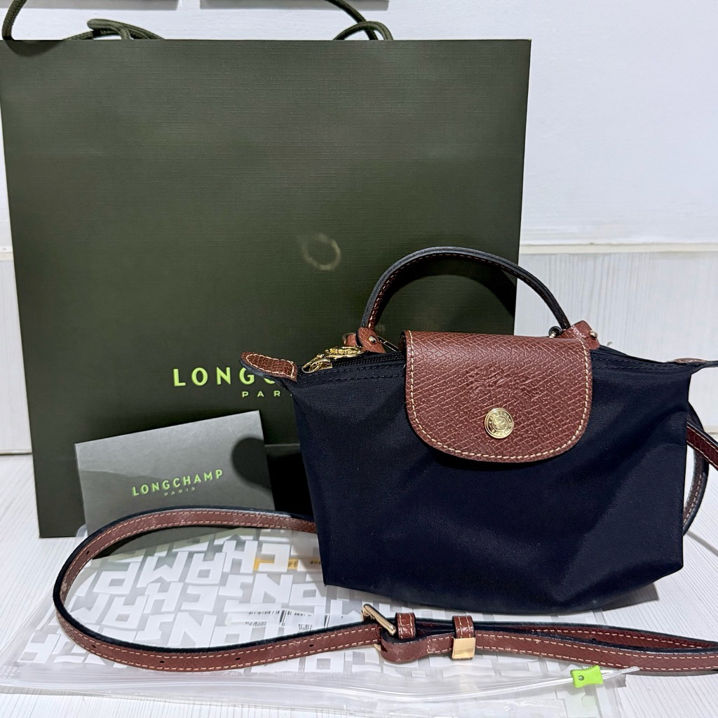 Longchamp Le Pliage Pouch with Handle สีดำใบเล็ก (รวมสาย) ของแท้💯