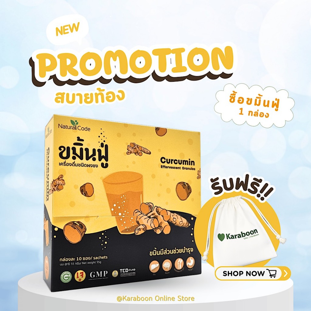ขมิ้นฟู่ เครื่องดื่มชนิดผงชง รักษาแผลในกระเพาะอาหารและกรดไหลย้อน 55g. 1 กล่อง มี 10 ซอง [Karaboon]