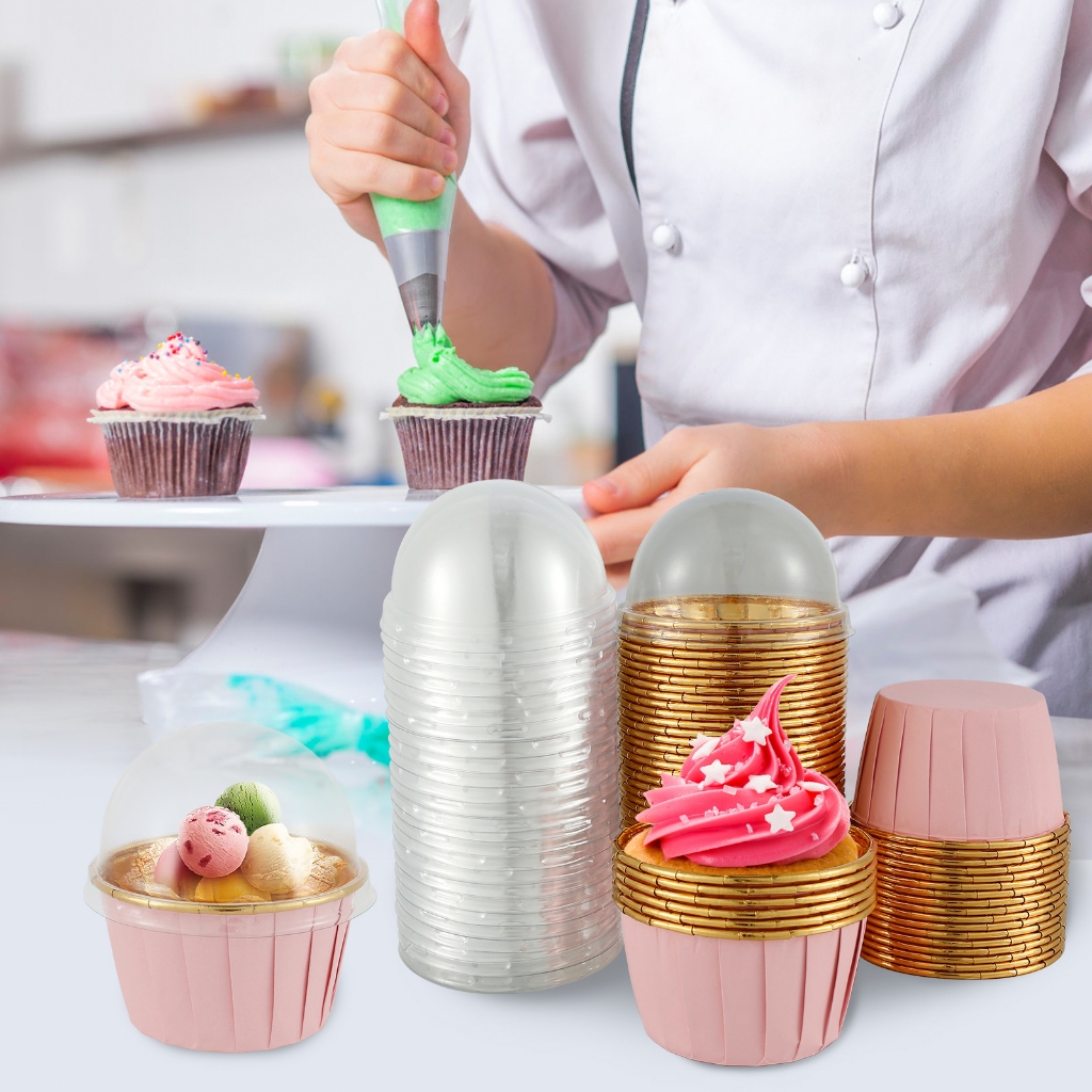 50pcs Foil Cupcake Liners with Lids Heat Resistant 5.5oz Aluminum Cake Cups Portable Foil Baking Cup