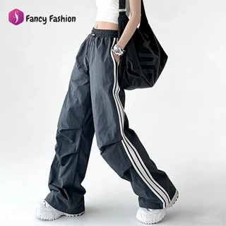 Fancy Fashion ✨ส่งไวจากไทย✨ กางเกงคาร์โก้สีดำ เอวสูง ทรงหลวม สไตล์อเมริกัน ผ้าร่มเบา สวมใส่สบาย