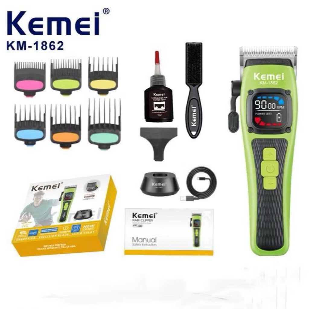 KEMEI km1862 ปัตตาเลี่ยนตัดผมไร้สาย สามรถปรับระดับรอบได้ ฟันเซรามิค ทาพร้อมแท่นชาร์จ