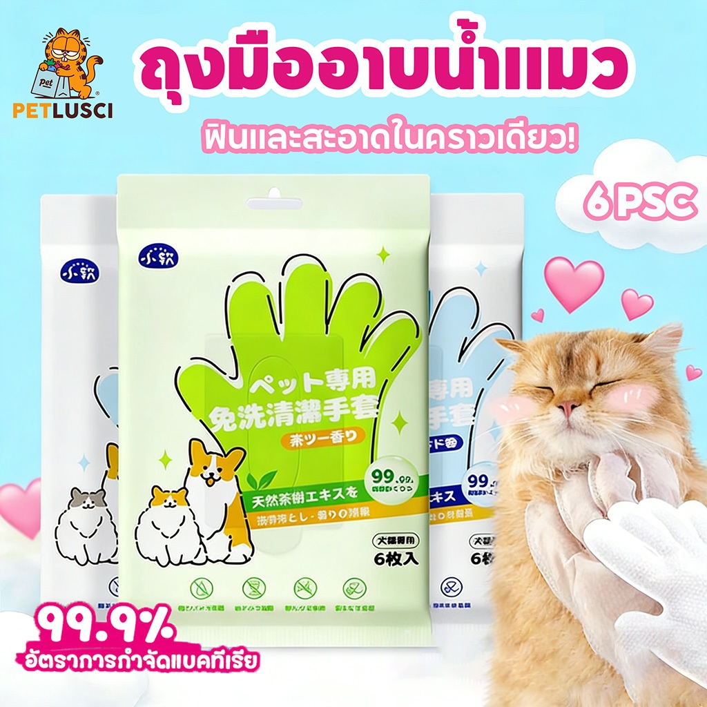ถุงมืออาบน้ำแมว ผ้าเปียกสุนัข หมา ทิชชู่เปียก (6 ชิ้น/ห่อ) ทำความสะอาดง่าย ขจัดกลิ่น ลดแบคทีเรีย
