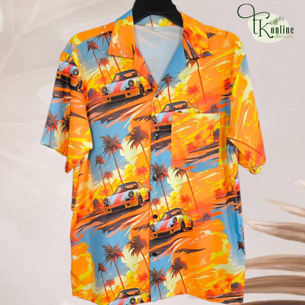 เสื้อเชิ้ตฮาวาย ลายรถสปอร์ตต้นมะพร้าว (พื้นสีส้ม) ผ้าไหมอิตาลี