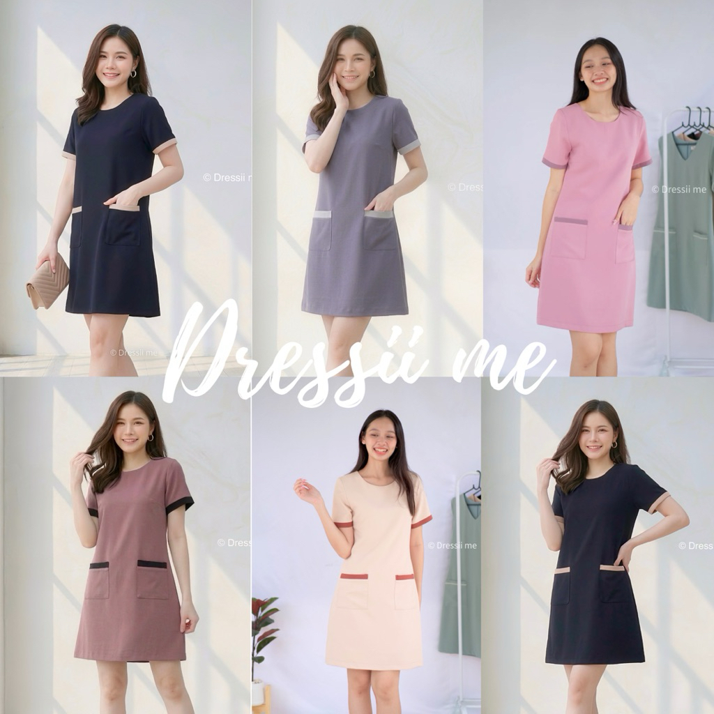 Dressii me : Qzii Dress - New! เดรสทรงเอ มีกระเป๋า ตัดต่อขอบแขนและกระเป๋า