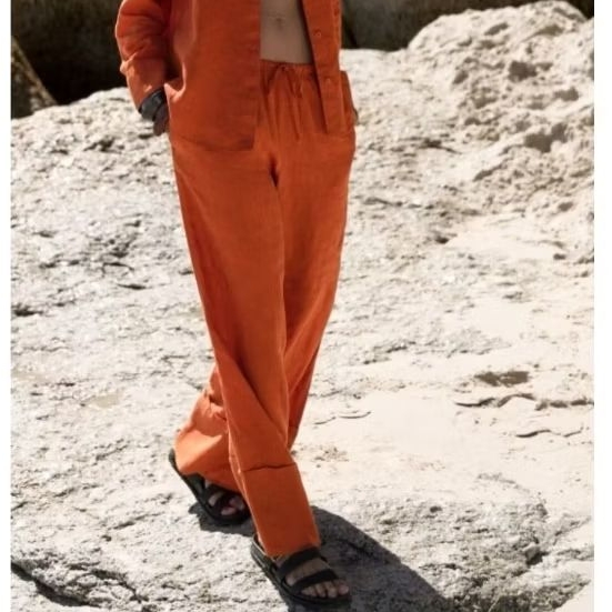 Zara​ กางเกงขา​ยาว​ ทรงขากว้าง​ ผ้าลินิน​ สีส้มอิฐ​ Size​ ​L, XL​