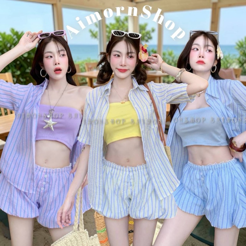 🔥aimorn_shop🔥ชุดเซต 2 ชิ้น เสื้อเชิ้ตแขนสั้น+กางเกงบอลลูนขาสั้น ลายริ้วเพิ่มเทคเจอร์ลายดอกน่ารักๆ งานใหม่ กำลังฮิต