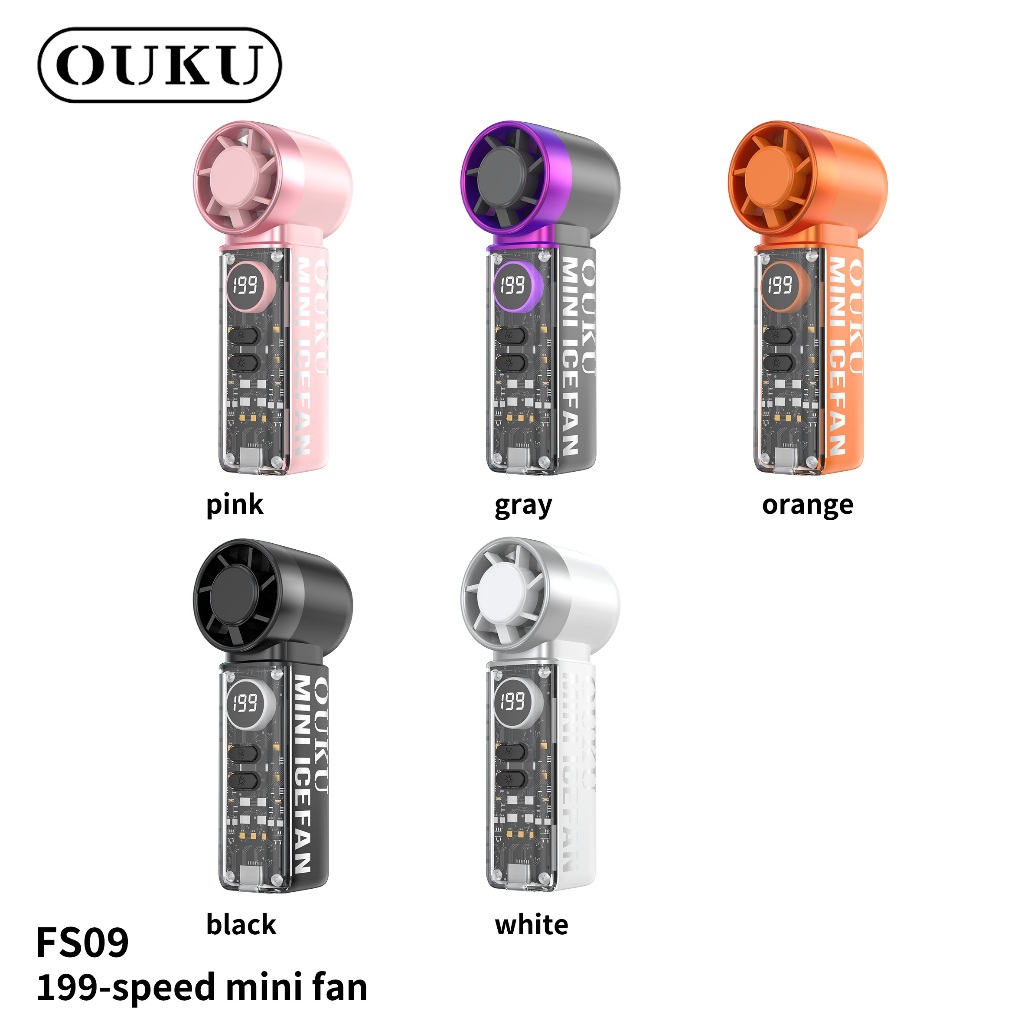 พัดลมมือถือมินิ ปรับความแรงได้ 1-199 ระดับ มีโหมดไอเย็น จอแสดงผล LED ไฟ RGB พร้อมสายคล้องถือ OUKU FS