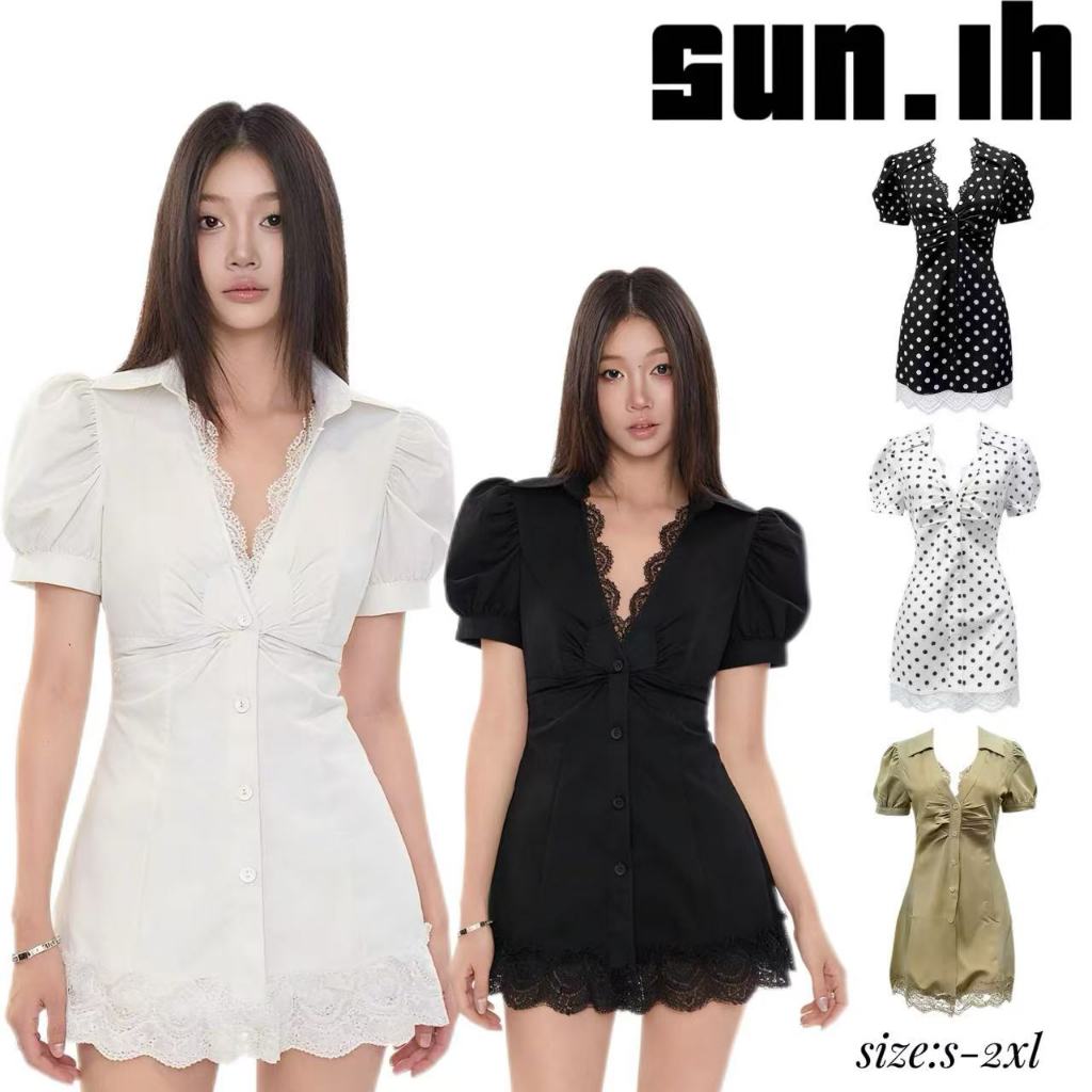 SUN🛍️พร้อมส่ง🛍️เดรสเชิ้ตผ้าลูกไม้สุดเซ็กซี่ ทรงเอไลน์สั้น เข้ารูปช่วงเอว ช่วยให้ดูผอมเพรียว