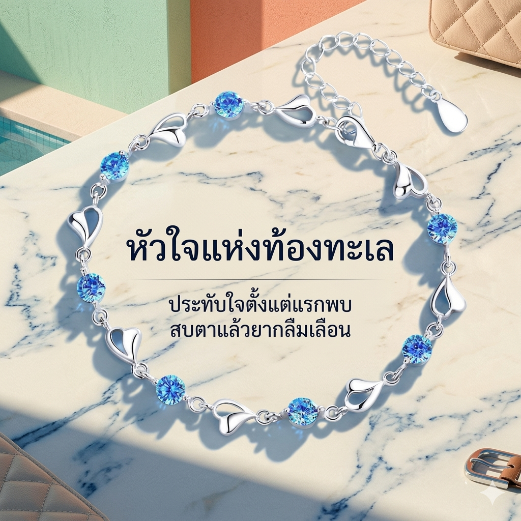 สร้อยข้อมือผู้หญิงสัมฤทธิ์เงินบริสุทธิ์ กำไลหินความรักและความร่ำรวย ซีรีส์หัวใจแห่งทะเล