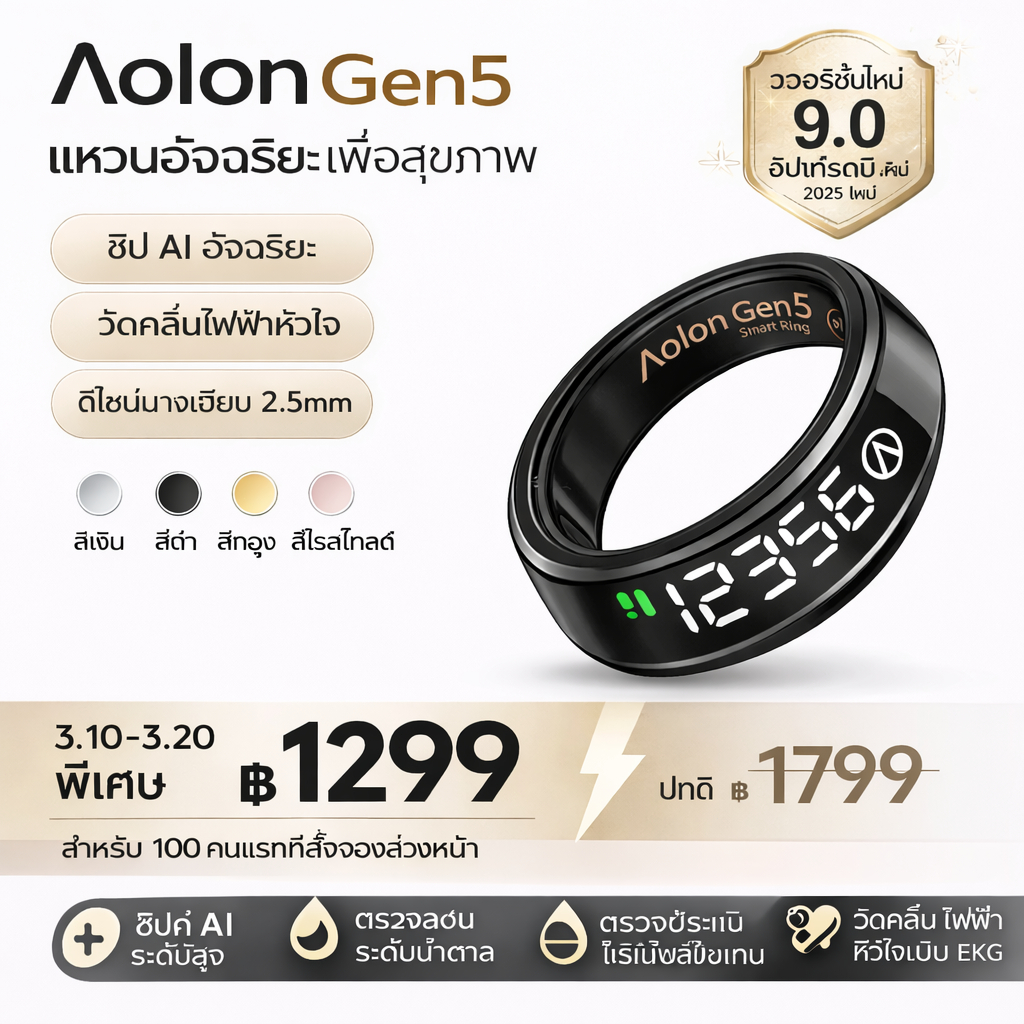 Aolon Ring Gen 5 Smart Ring LCD แหวนอัจฉริยะ แหวนสุขภาพ วัดหัวใจ นอนหลับ HRV กันน้ำ IP69K