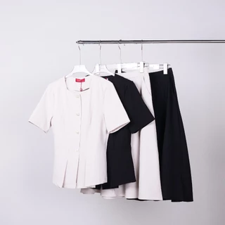 Lawyer Store | [5581720] [5581720-1] (ขายแยกชิ้น) ชุดเซ็ท เสื้อสูทแขนสั้น ชายเสื้อแต่งจีบ กับ กระโปรงยาว เอวสม็อค