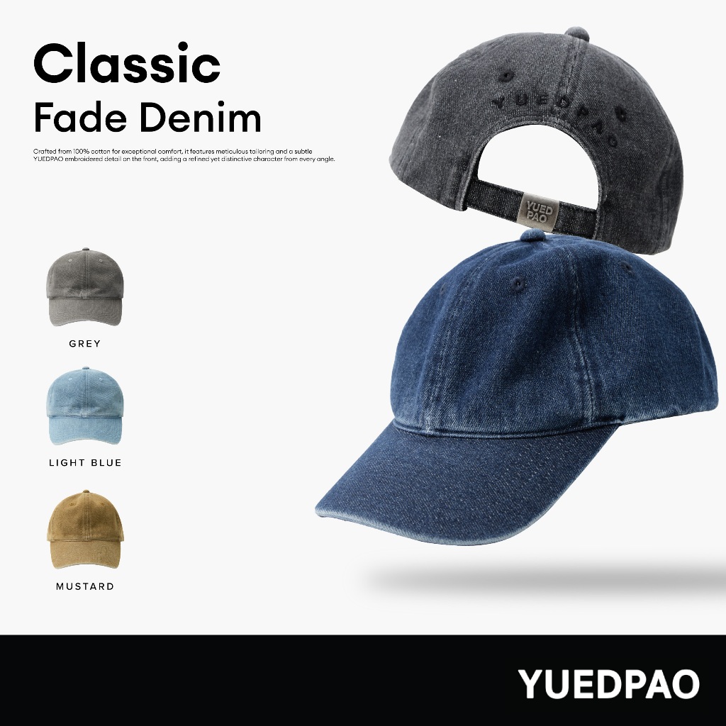 Yuedpao Cap Classic Fade Denim หมวกยืดเปล่า สไตล์มินิมอล หมวกฟอกเฟด แฟชั่น