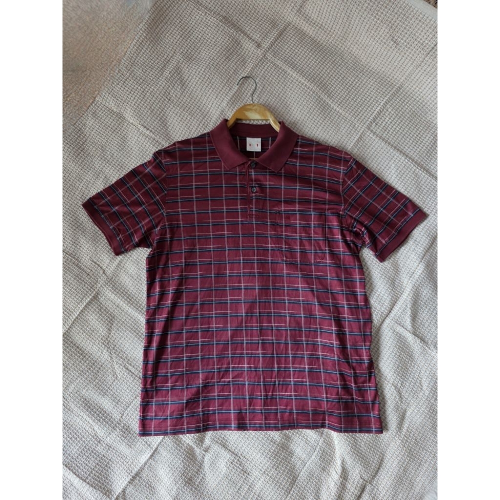 GQ เสื้อเชิ้ตโปโลลายตารางสีแดงเลือดหมูคาดน้ำเงินคอปกแขนสั้นไซส์XLอก44ยาว29(งานมือสอง)35