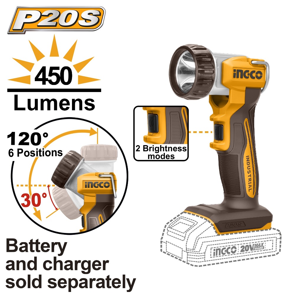 (รุ่นใหม่) INGCO ไฟฉายไร้สาย 20V (450 Lumens) รุ่น CWLI2058 เครื่องเปล่า แบตเตอร์รี่และที่ชาร์จแยกจำหน่าย