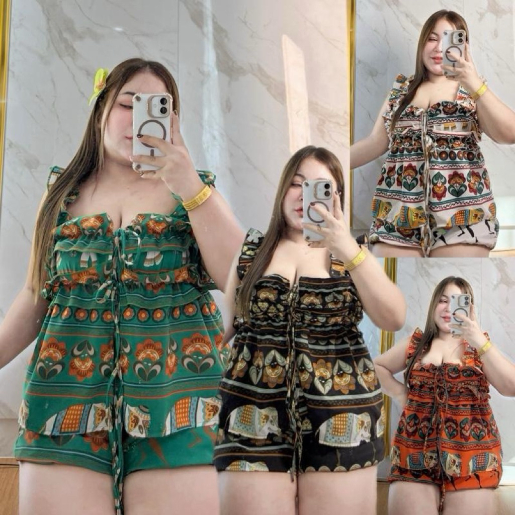 รหัส C52 ชุดเซตแขนระบาย ผูกหน้า ผ้าไหมอิตาลีกับกางเกงบอลลูน งานสาวอวบ ใส่สวย