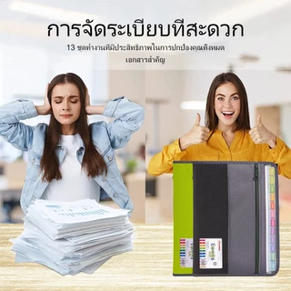 แฟ้มโฟลเดอร์มีซิป 13 ช่อง ขนาด A4 พร้อมกระเป๋าดินสอด้านหน้า สำหรับนักเรียน อุปกรณ์สำนักงาน