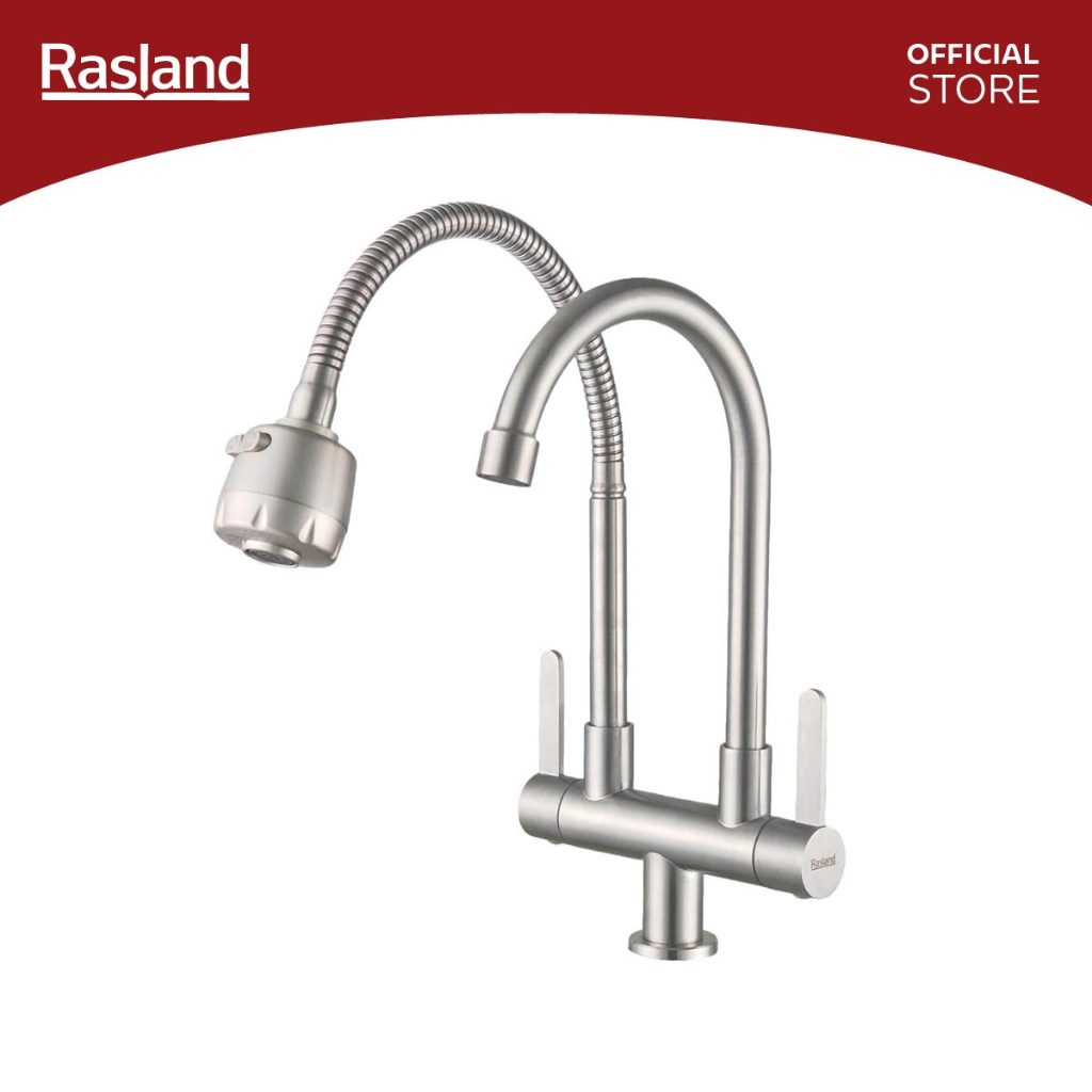RASLAND A11021-MT-8888 ก๊อกซิงค์ล้างจาน 2 in 1 งวงก๊อกดัดได้และก๊อกแบบโค้ง  วัสดุสแตนเลส 304  รับประกันไส้วาล์ว 10 ปี