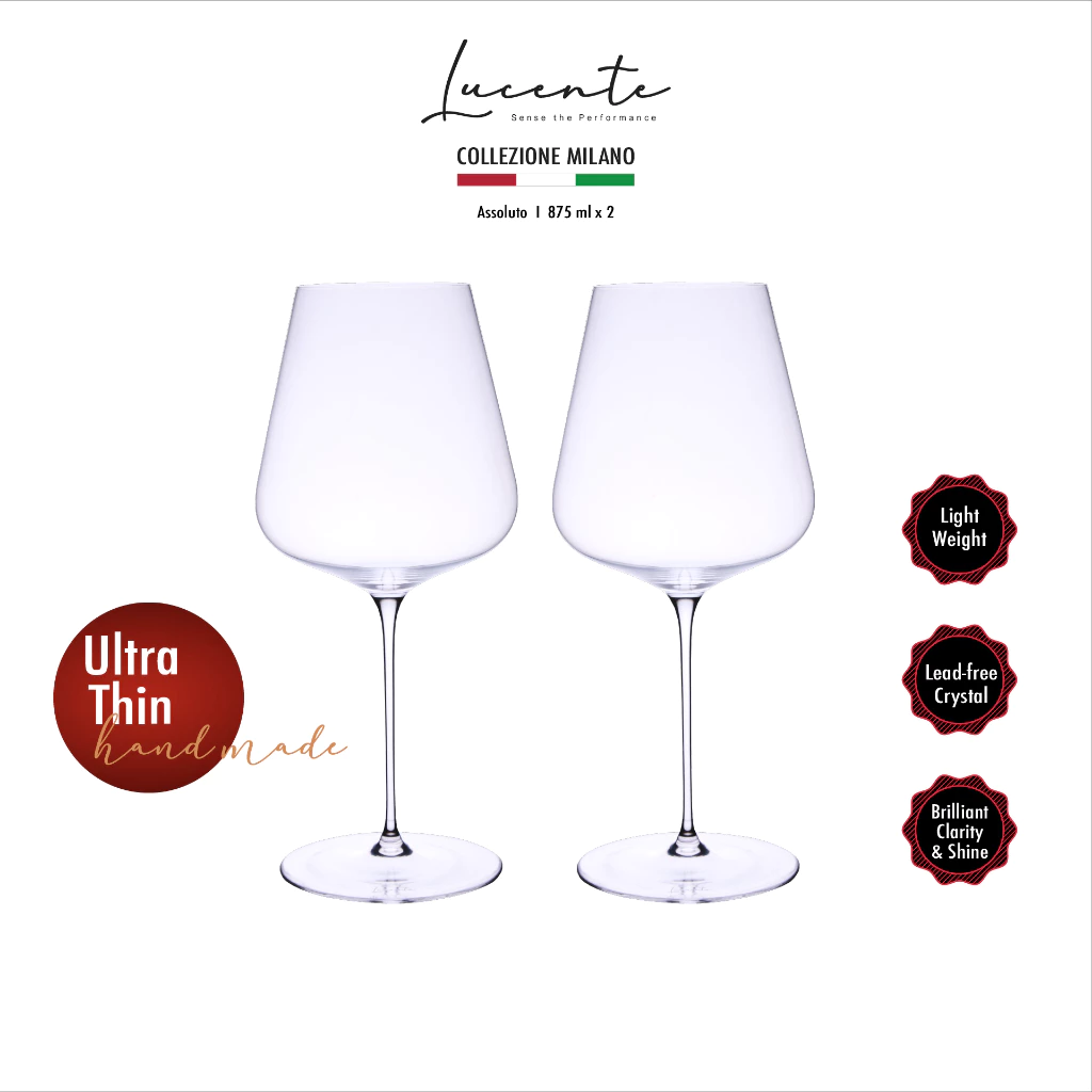 Lucente Assoluto 875ml แก้วไวน์คริสตัล Handmade บางและเบาพิเศษ เพียง 120g แก้วไวน์แดง Grand Bordeaux (Pack of 2 / 4 / 6)