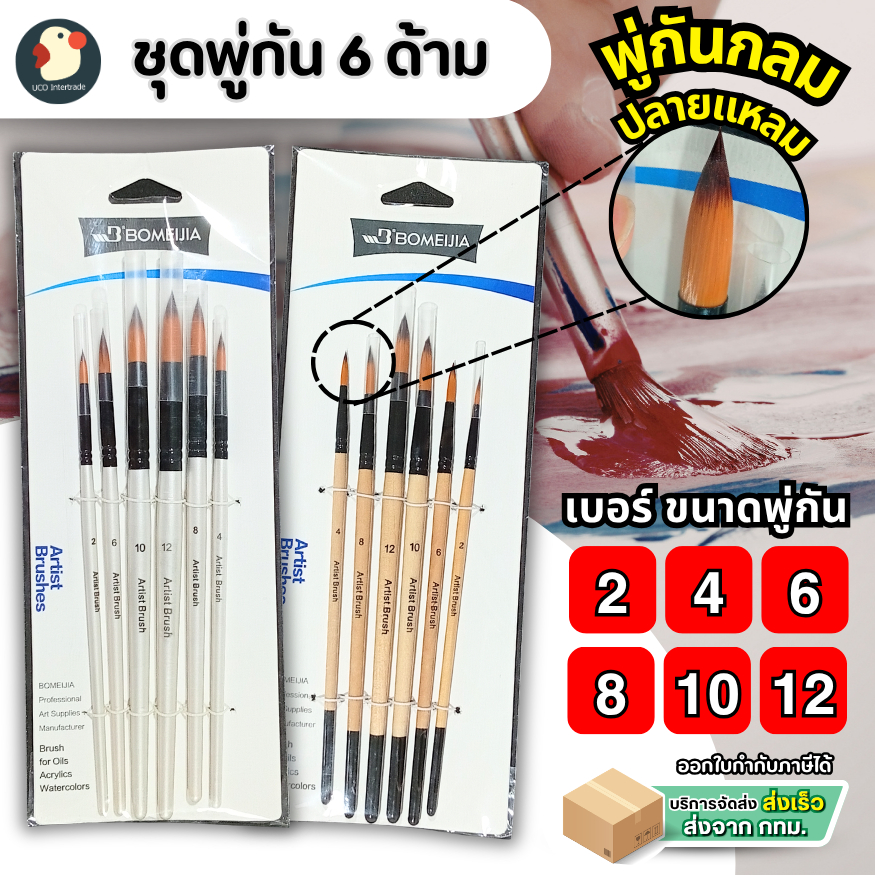 *ครบจบ* พู่กัน พู่กันสีน้ำ ชุดแปรง6 เบอร์ 2/4/6/8/10/12 หัวกลม 2สี ปลายแหลมนุ่ม มีปลอก วาดเนียนศิลปะ