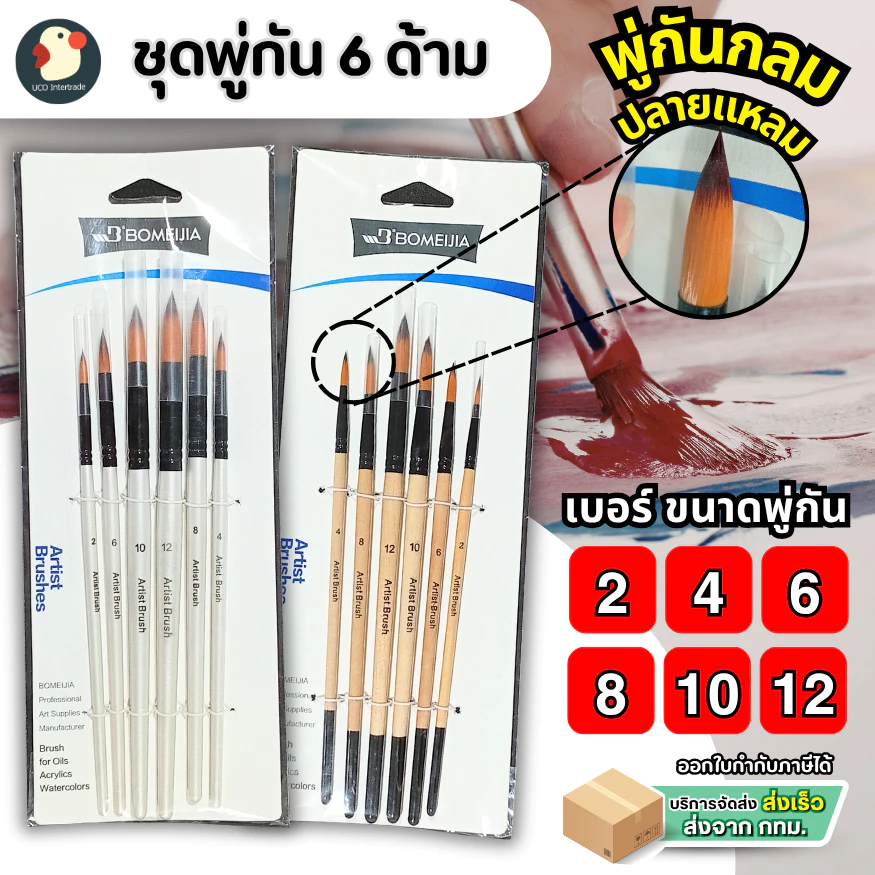 *ครบจบ* พู่กัน พู่กันสีน้ำ ชุดแปรง6 เบอร์ 2/4/6/8/10/12 หัวกลม 2สี ปลายแหลมนุ่ม มีปลอก วาดเนียนศิลปะ