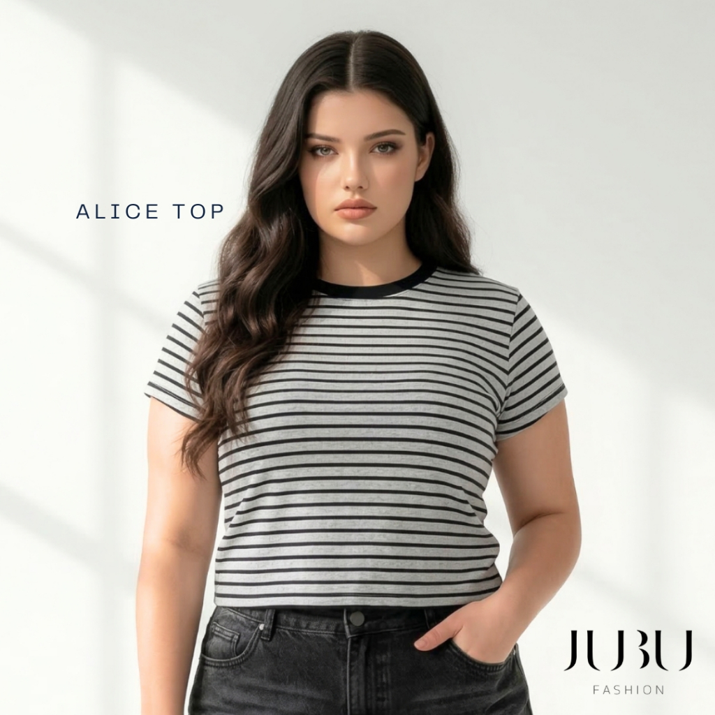 JUBUFASHION เสื้อยืดคอกลม แขนสั้นเสื้อสาวอวบ ลายริ้ว ผ้าคอนตอน ไซส์L/XL อก36-44นิ้ว พร้อมส่ง#607