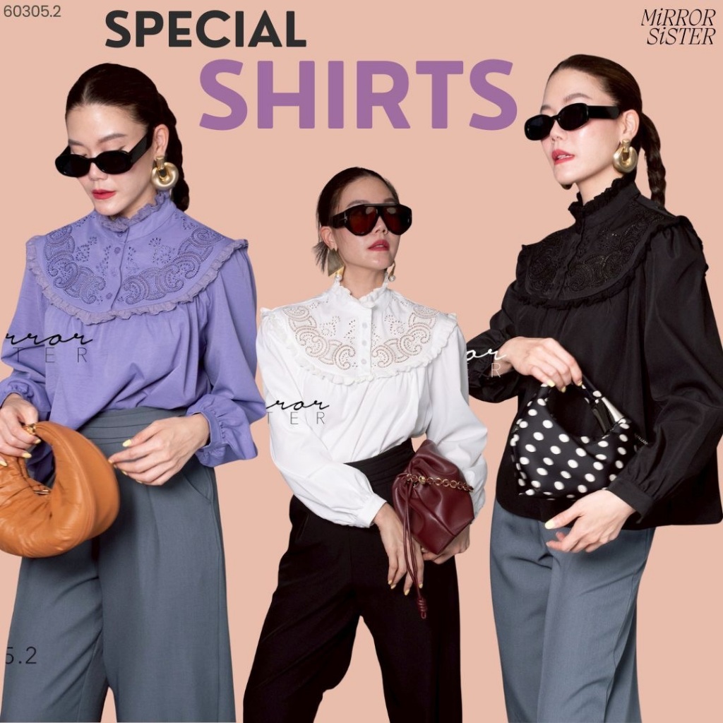 🔖Mirrorsister 60305.2 เสื้อปักฉลุลายรอบอก/บ่า ดีไซน์ทรงโค้งมนรับกับช่วงไหล่ เพิ่มลูกเล่นด้วยลูกไม้ระบายจีบรอบคอและชาย