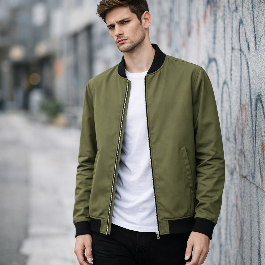 Bomber Jacket ผู้ชาย เสื้อแจ็คเก็ตสีเขียว เสื้อคลุมกันลม ซิปหน้า แขนยาว ใส่เที่ยว เท่ๆ