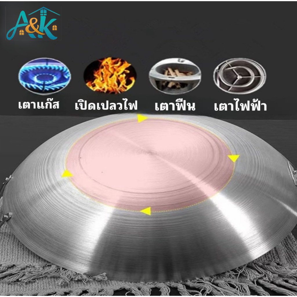ak family shop กะทะสแตนเลสกระจายความร้อนได้ดีด้ามจับเป็นไม้ มีหลายขนาดให้เลือกซื้อ NF073-080