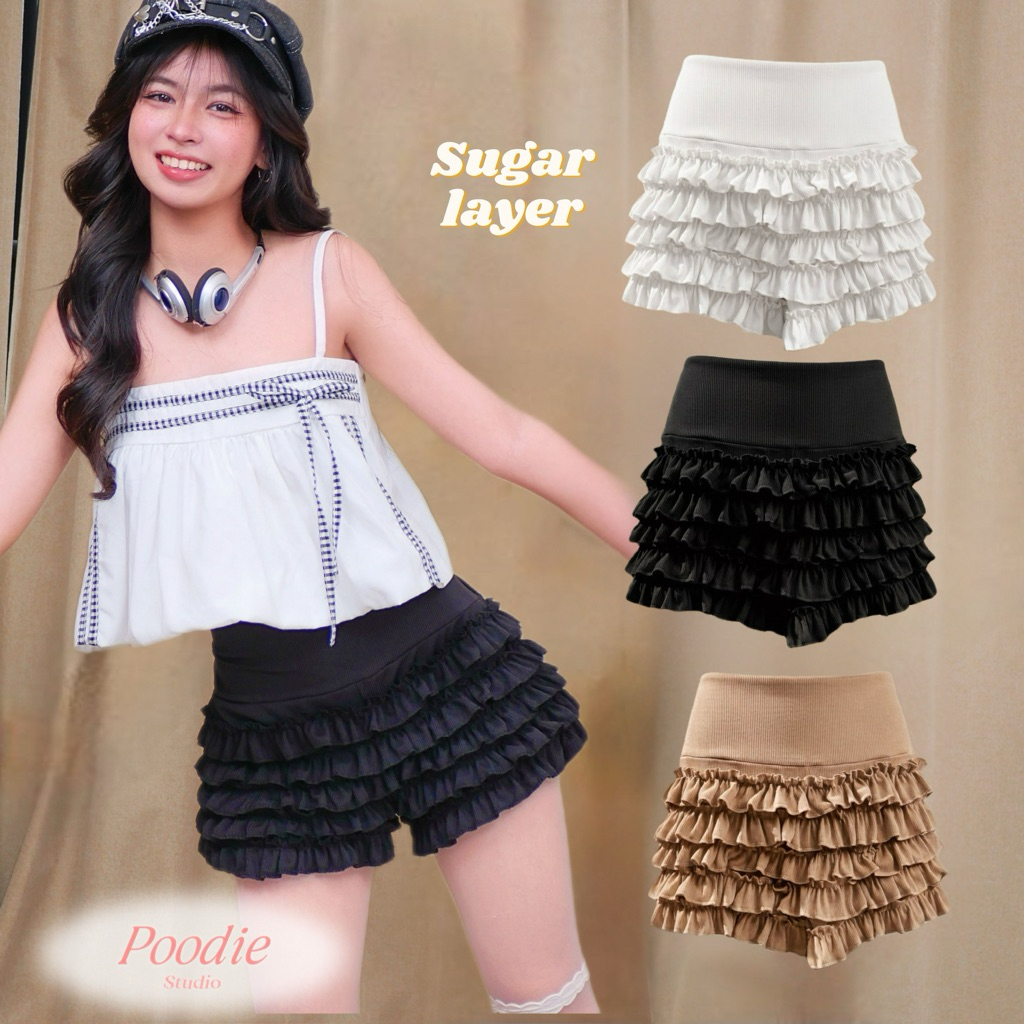 PDSK08  sugar leyer pants กางเกงขาสั้นระบาย5ชั้นทรงสวยผ้าribสามารถยืดได้เยอะ - ผู้หญิง