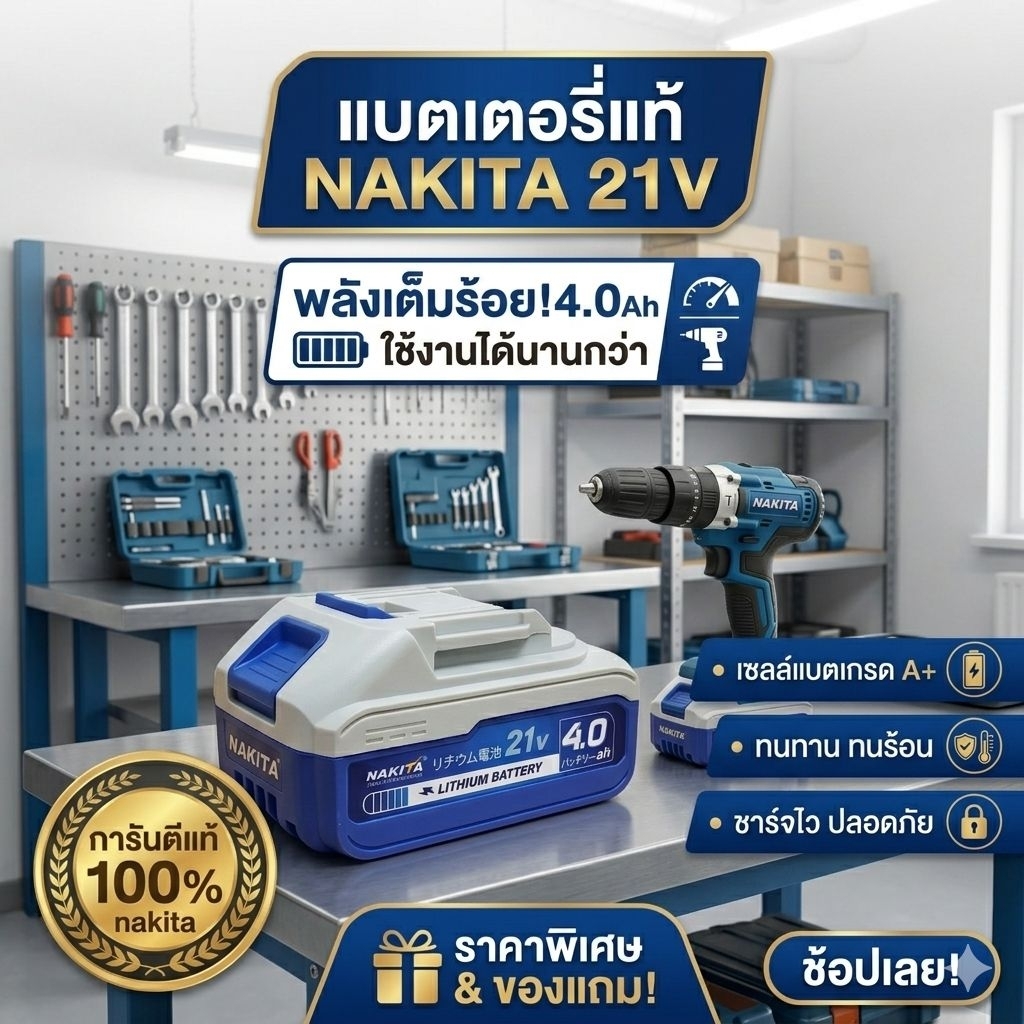 (ส่งด่วน)แบตเตอรี่ไฟฟ้า 21V  4Ah Nakita แท้100% ใช้กับเลื่อย เลื่อยไฟฟ้าไร้สาย แบตเตอรี่บล็อคไฟ สว่านไร้สาย เลื่อยตัดไม้