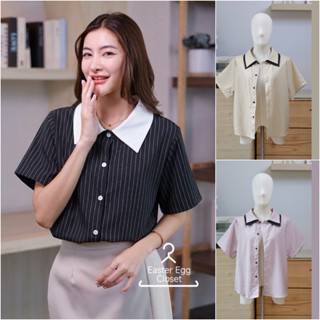 A33 เสื้อแขนสั้น เสื้อทำงานผู้หญิง เสื้อคอปกทูโทนใส่ได้ 2 แบ…