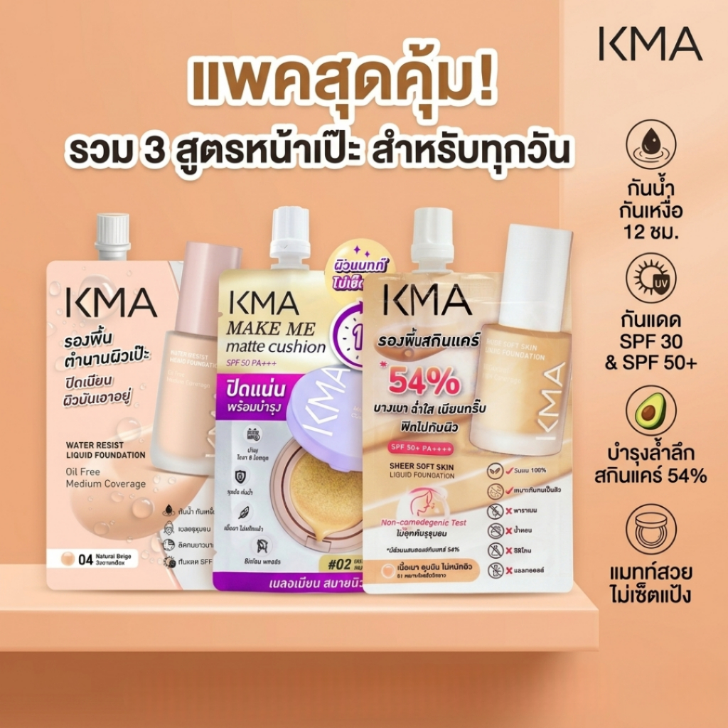 KMA เซ็ตรองพื้น 3 สูตร ครบจบทุกลุคผิว 3 Finish Skin Set (Matte-Glow-Cover) (3ซอง)