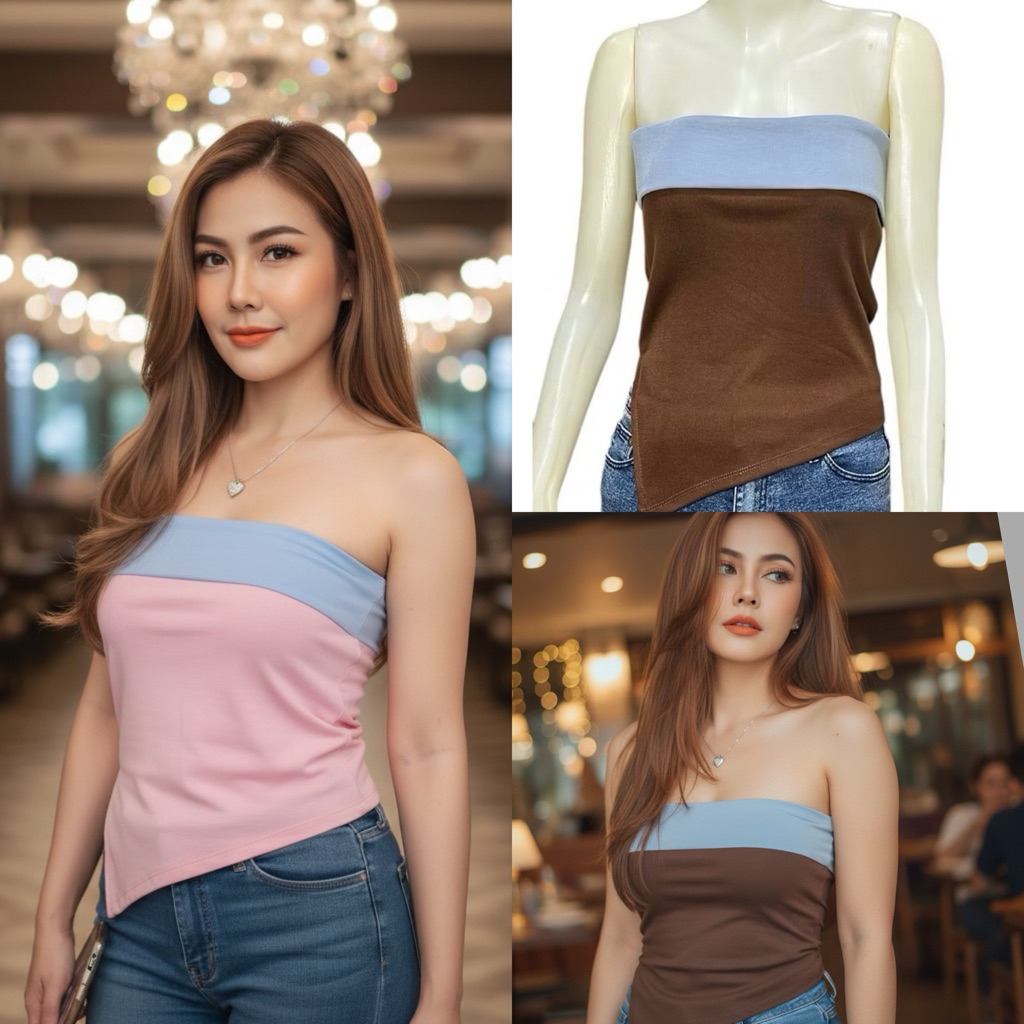 Sns321 เสื้อเกาะอก แต่งพับขอบด้านบน ผ่าเฉียงได้ทั้งซ้ายและขวา อกใหญ่แนะนำสั่งเป็นตัวร่องเล็ก