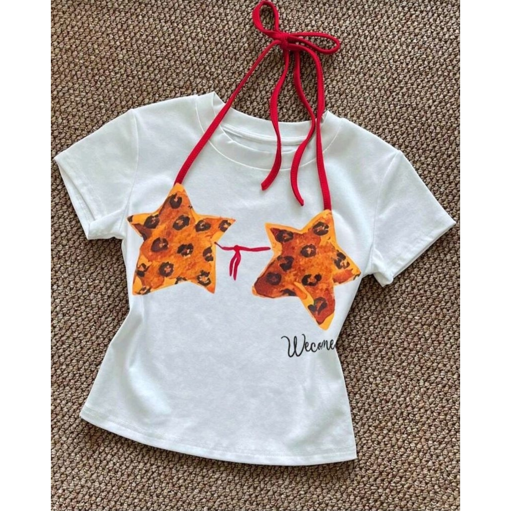พร้อม​ส่ง​ 🍒🌈​ เสื้อยืดแขน​สั้น​ แต่ง​คล้อง​คอ​ ลายดาว​ ลาย​ตัวอักษร​ ผูกป​มด้าน​หลัง​ เสื้อฤดูร้อน​บางใส่สบาย​ 🤍💛💙​💚​