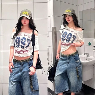KKS✨พร้อมส่ง✨เสื้อปาดไหล่ผู้หญิง แขนสั้น ทรงหลวม สตรีทแฟชั่น ผ้าคอตตอนนุ่ม