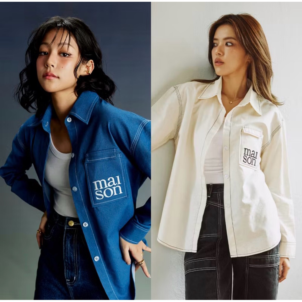 ส่งต่อmaison KEEPS | Bay Shirts | เสื้อเชิ้ตยีนส์ทรงปักโลโก้ สีครีม sizeM