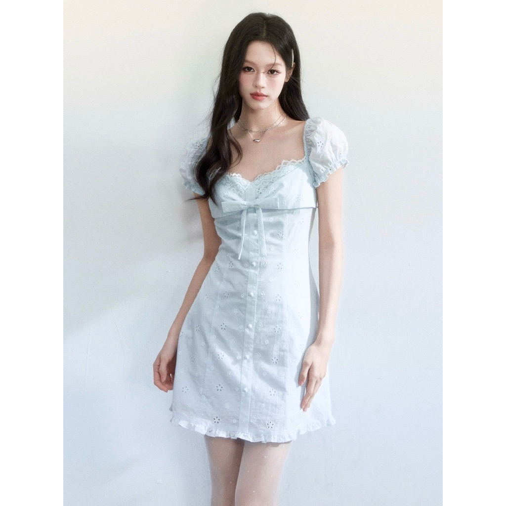 fragile heart Summer light blue hollowed-out embroidered lace dress
