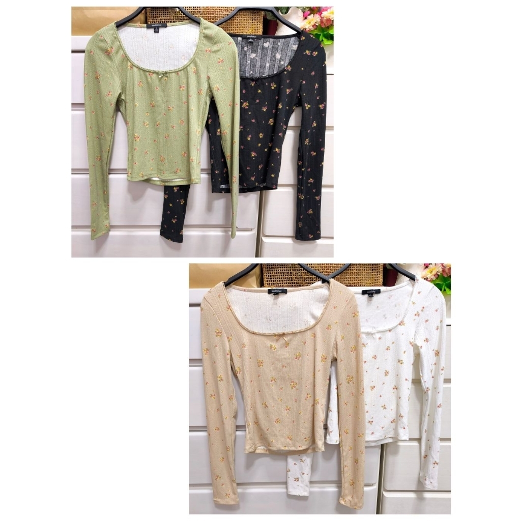 ambiance เสื้อแขนยาว ผ้ายืด คอเหลี่ยม ลายดอกเล็ก