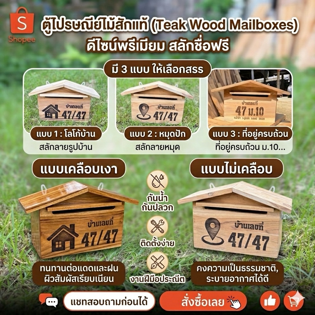 2in1 ตู้จดหมายบ้านเลขที่ไม้สักแท้ แจ้งบ้านเลขที่ในแชทได้เลย