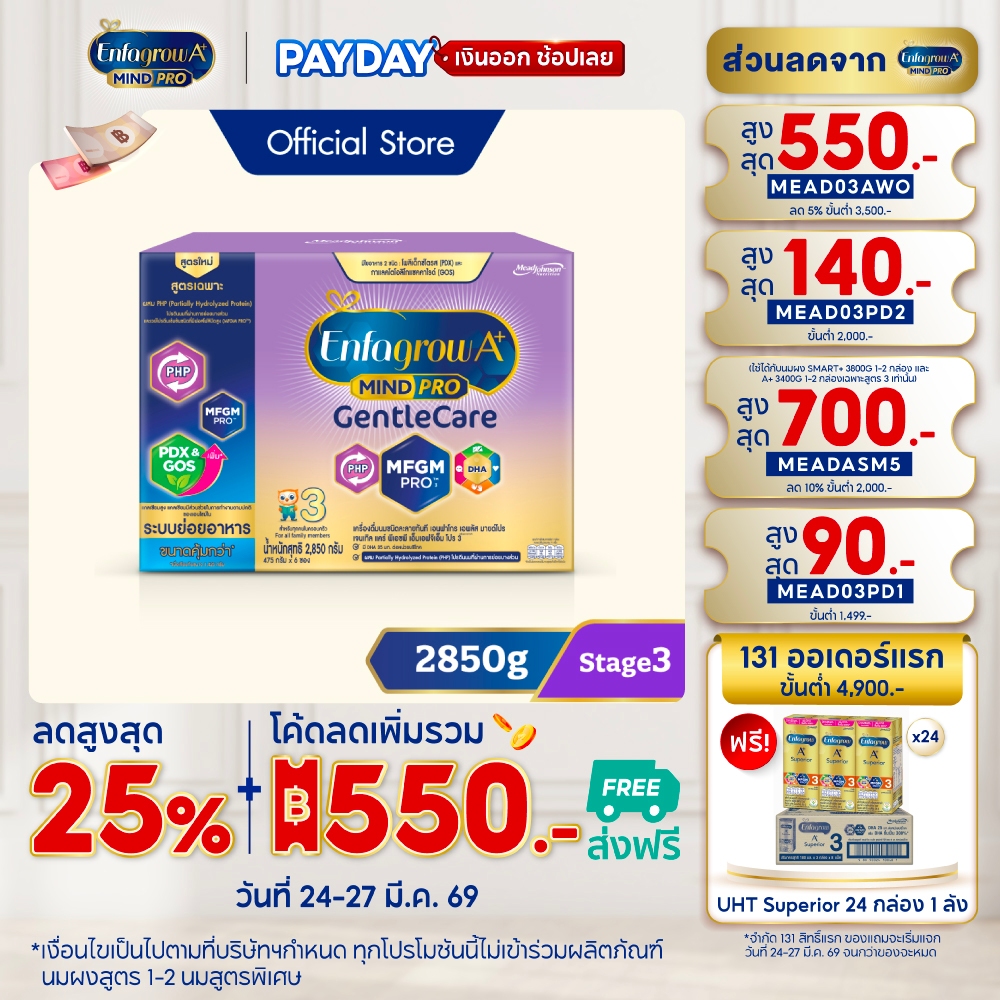 นมผง เอนฟาโกร เอพลัส มายด์โปร เจนเทิล แคร์ สูตร3 (2850 กรัม) Enfagrow A+ MindPro Gentle Care Stage3 