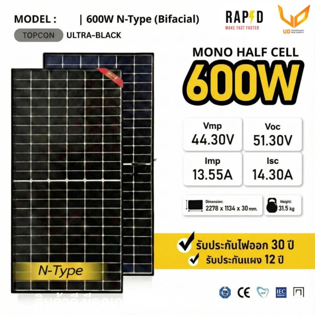 ส่งฟรี RAPD แผงโซล่าเซลล์ 600W / 580W Mono Half cell รับแสง 2 ด้าน ( ขนาดแผงเท่า 580W ) แบบเลือกซื้อ