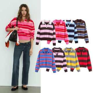 พร้อมส่ง 8สี เสื้อโปโลไหมพรมทอลายขวางแขนยาว ทรงโอเวอร์ไซส์ (…