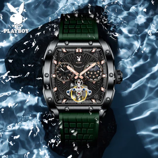 PLAYBOY 3058 นาฬิกาผู้ชายแท้ เครื่องกลอัตโนมัติ นาฬิกาข้อมือกันน้ำ ของขวัญวันวาเลนไทน์ วันพ่อ ส่องสว่าง สีฟ้า สีขาว