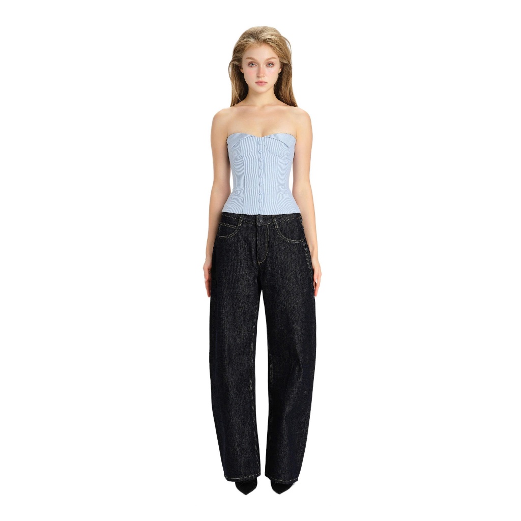 LSOUL Simi Top & Nie Pants เสื้อคอร์เซ็ตทรงเกาะอกกลายทางสีฟ้า กางเกงยีนส์ผู้หญิงทรงขากระบอก