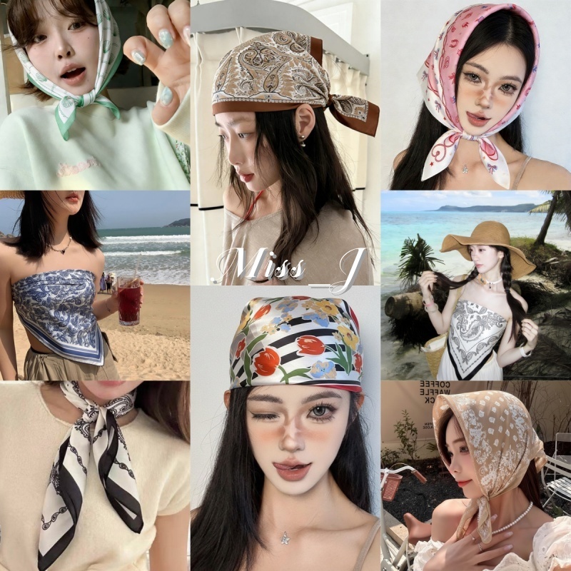 Miss_J พร้อมส่งจากกทม🎀ผ้าพันคอชีฟองทรงสี่เหลี่ยมจัตุรัสขนาด 70 ซม. ดีไซน์สวยงามและใช้งานได้หลากหลาย