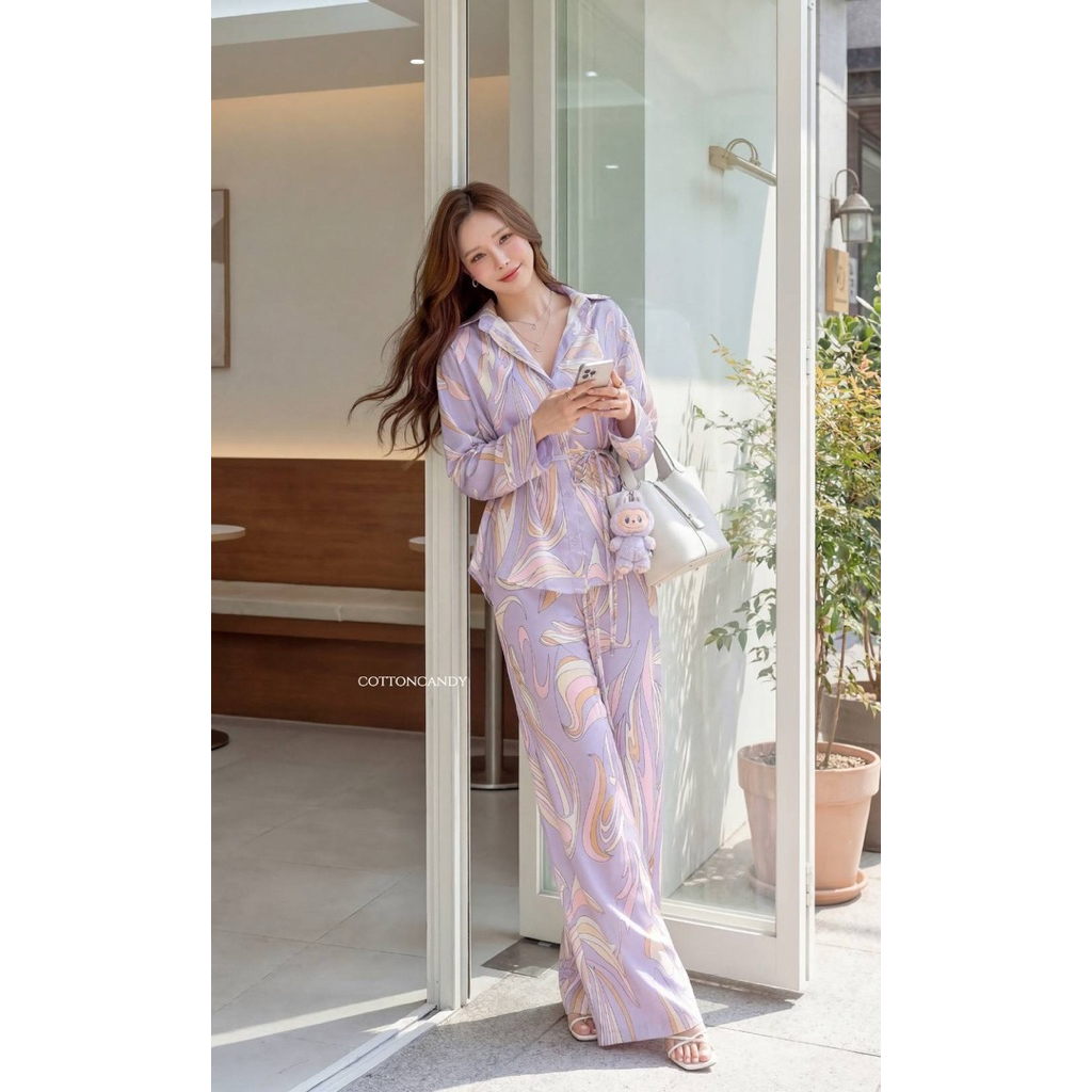#Cotton Candy 🍭 set เสื้อแขนยาวกางเกงขายาวลายม่วง New Violet silk korea