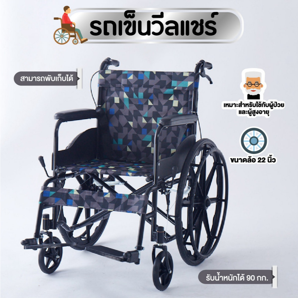 ไม่ต้องประกอบ มีประกัน รถเข็นผู้ป่วยพับได้ รถวีลแชร์ รถเข็นผู้ใหญ่ รถเข็นผู้ป่วย wheelchair