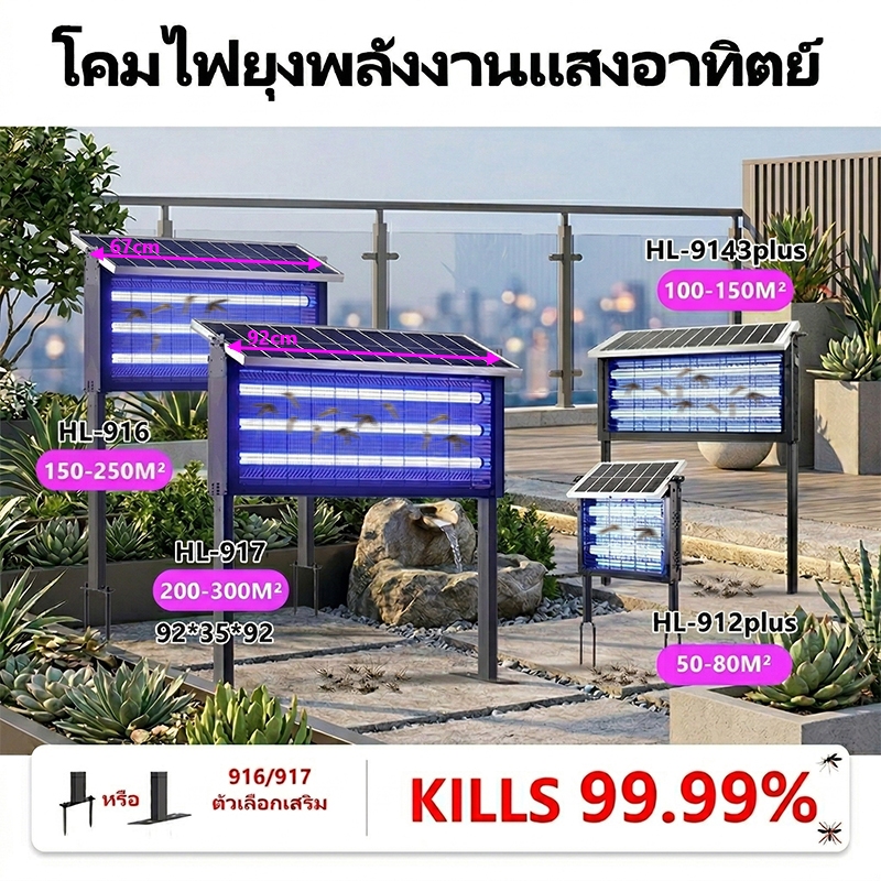 คมไฟฆ่ายุงพลังงานแสงอาทิตย์ รุ่นเสริมประสิทธิภาพ ชนิดช็อตไฟ ครอบคลุมพื้นที่ 50-300 ตารางเมตร