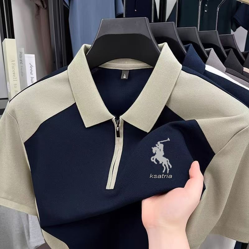 เสื้อโปโลชายฤดูร้อน คอปกซิป ตัดสี ปักลาย ใส่สบาย